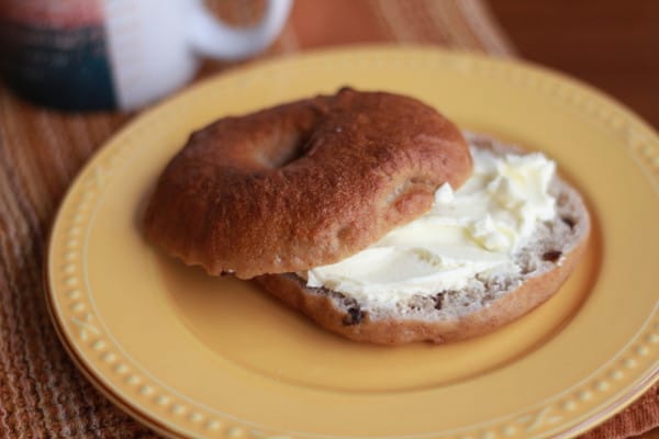 homemade Cinnamon Raisin Bagel with cream cheese