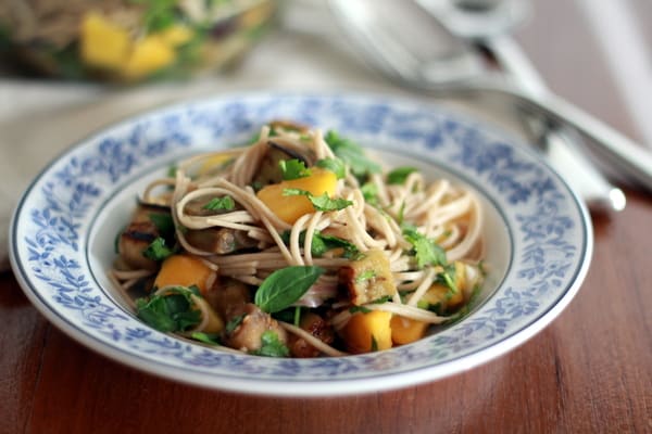 Soba Noodles with Eggplant and Mango in a blue and white plate