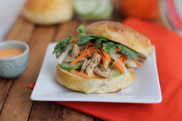 Chicken Banh Mi Sandwich on a white plate