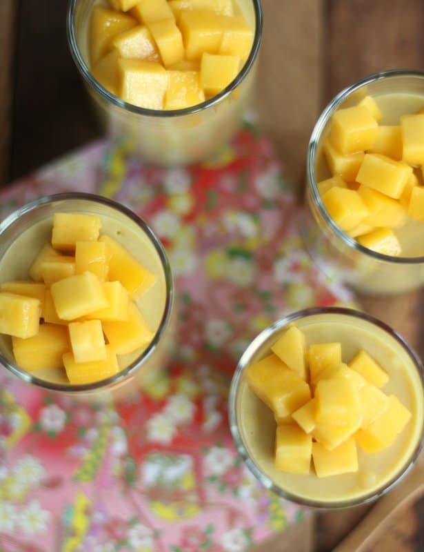 mango mousse in clear glasses