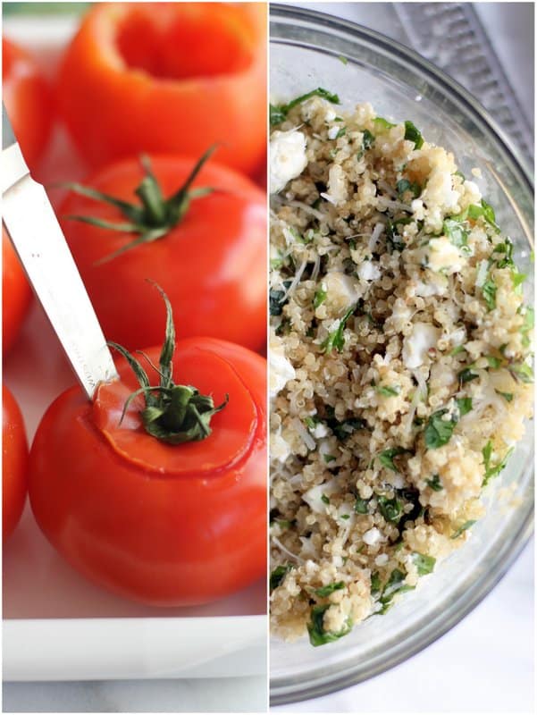 cutting the tops off tomatoes, and a bowl full of quinoa
